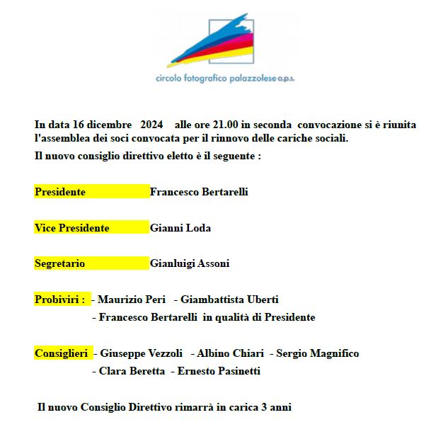 Nuovo Direttivo dal&nbsp;16/12/2024